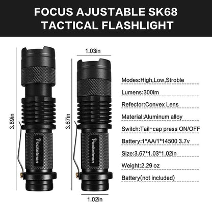 Modaao 10 Pack Mini Flashlights LED Flashlight 300lm Adjustable Focus Zoomable Light (Black)