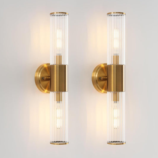 Wall Sconce Brushed Brass Gold Wall Sconces Set of 2 with Stripped Glass Wall Light Sconces Wall Lighting Wall Sconces Lighting Applique Murale Interieur Wall Lamp Luminaire Mural for Bathroom