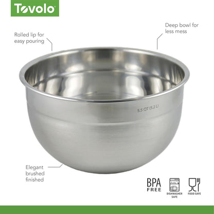 Tovolo Stainless Steel Mixing Bowl (5.5 Quart) - Kitchen & Home Essential for Food Storage, Serving, Salad, Food Prep, Baking, & Cooking/Dishwasher Safe