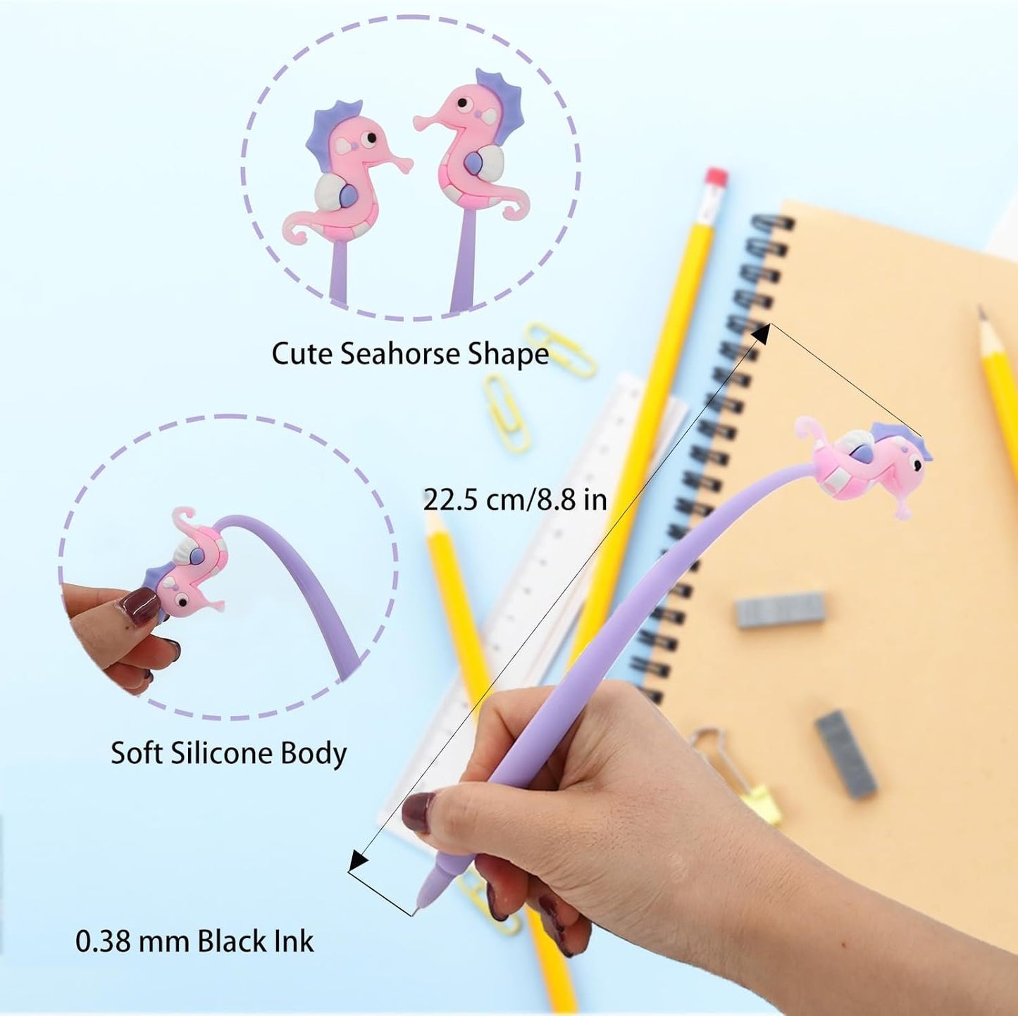 12 PCS Cute Ballpoint Pens, Kawaii Gel Pen for Women Teacher Students, Funny School Stationery Office Supplies, Gifts, Animals Party Favor Gifts, 0.38 mm Black Gel Ink (Seahorse)