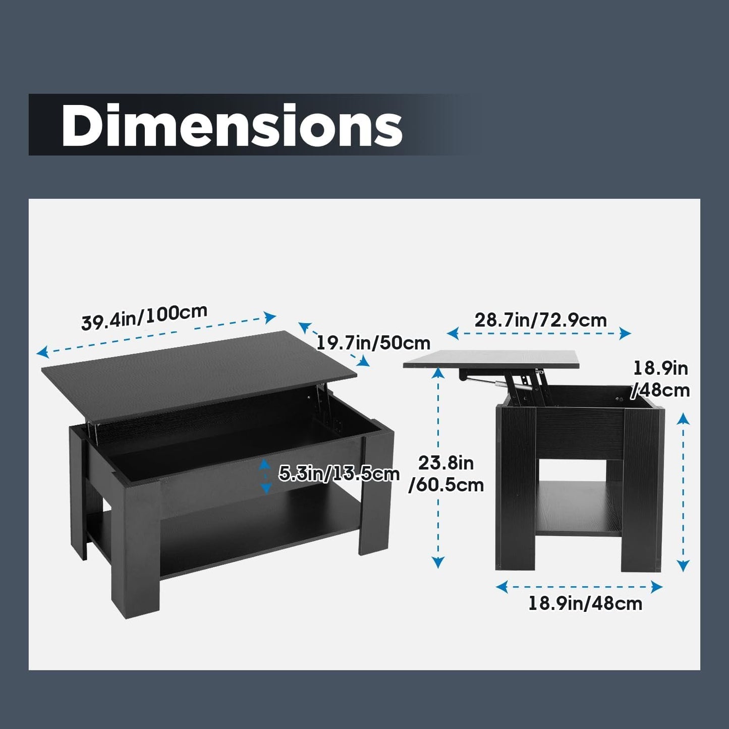 Table Wooden Lift Tabletop Dining Table Coffee Table with Hidden Compartment Storage Shelf Lift Top Coffee Table for Living Room Home- Black
