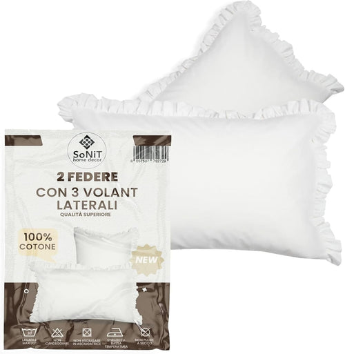 Sonit Double Bed Pillow Cases with Ruffles – Pair of White Bed Cushion Cover – 50 x 80 cm Breathable Cotton Easy to Clean