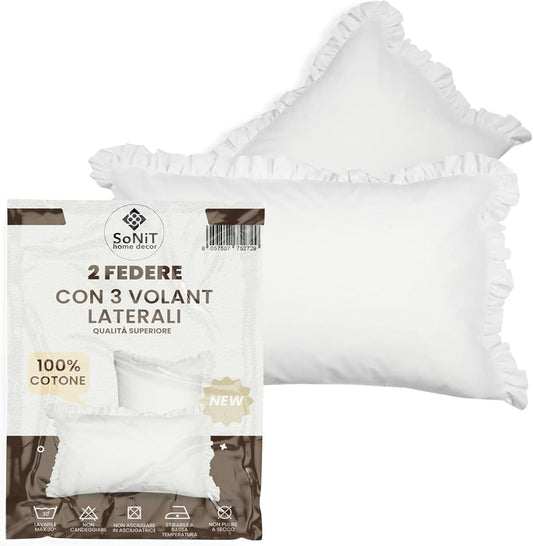 Sonit Double Bed Pillow Cases with Ruffles – Pair of White Bed Cushion Cover – 50 x 80 cm Breathable Cotton Easy to Clean