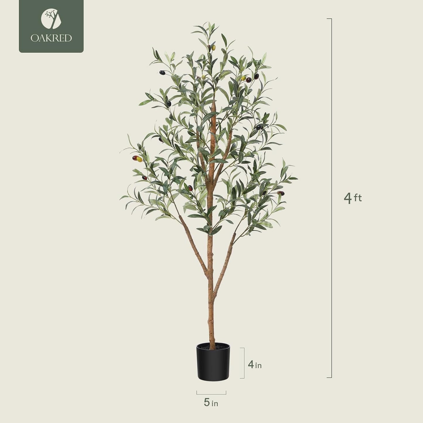 OAKRED Artificial Olive Tree 4ft, Lush Faux Olive Tree for Indoor with Natural Wood Trunk and Lifelike Fruits, Silk Tall Fake Olive Tree for Home Decor Office Living Room, 1Pcs