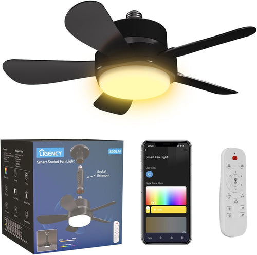 Smart Socket Fan Light, Wi-Fi Color Changing Light Socket Ceiling Fan with Lights and Remote, 6 Adjustable Fan Speed, LED Lights Socket Fans for Bedroom Bathroom Garage Kitchen, Black