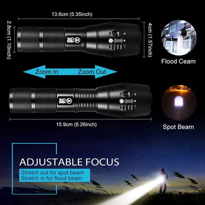 Red Green White Flashlight, 1000 lumens Powerful LED Waterproof Adjustable Focus Tactical Torch for Fishing, Hiking, Camping, Caving, Outdoor Activities