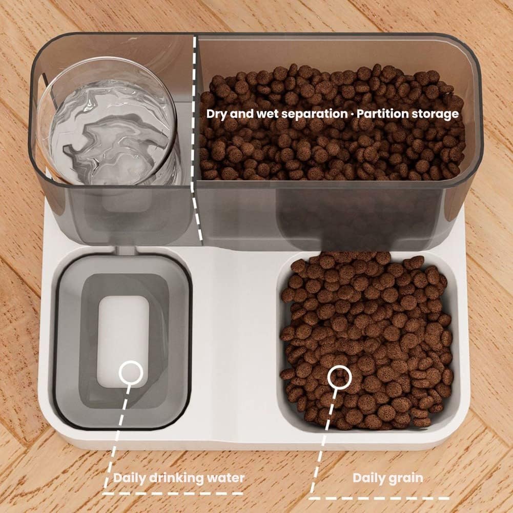 VERAWE Alimentatore automatico per animali domestici, set di ciotole per cibo e acqua 2 in 1, fontana d'acqua automatica e dispenser di cibo