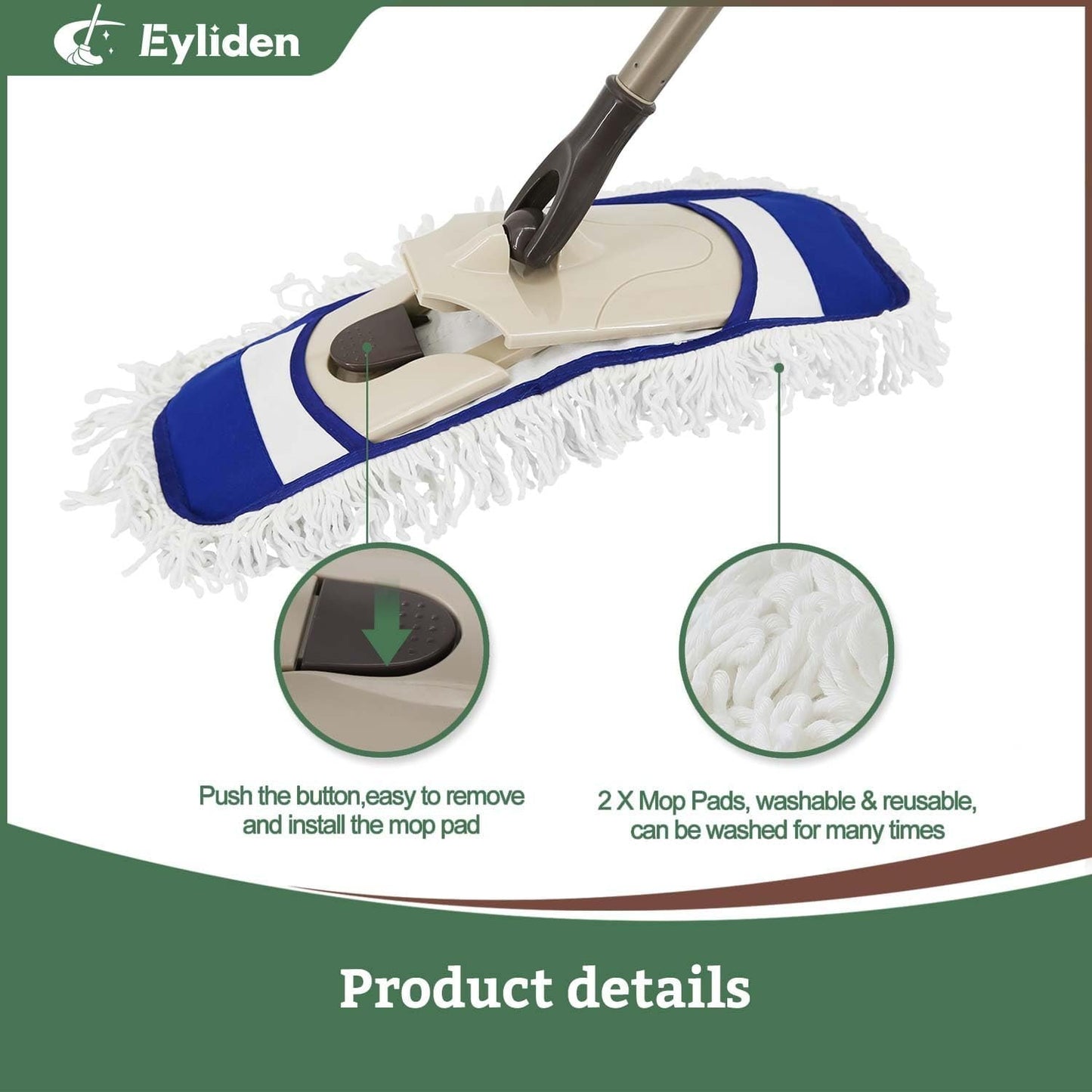 Eyliden Dust Mop with Reusable Washable Pads - One Touch Replacement, Height Adjustable Handle, Total 2 Mop Cloths, Wet Dry Mops for Floor Cleaning, Hardwood, Laminate, Tile Floor Push Dust Broom