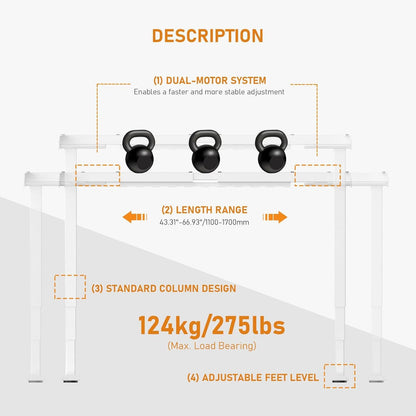 PrimeCables Dual-Motor Electric Height Adjustable Standing Desk Frame - Ergonomic Sit Stand Desk Legs with Memory Presets, 23.6"-49.2" Adjustable Height and 43.3"-74.8" Width, 275 lbs Capacity, White