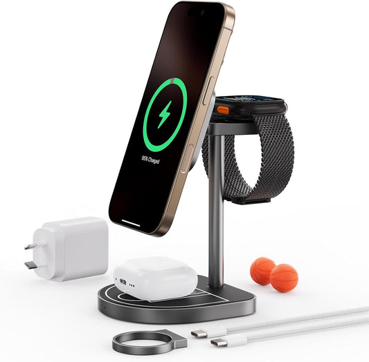 KU XIU X85 3-in-1 Wireless Charging Station, Magnetic Charger Stand with Mini Basketball Hoop for iPhone 16/15/14/13/12, 5W Fast Charging for Apple Watch S10/Ultra/9/8/7, AirPods 4/3/2/Pro - Black