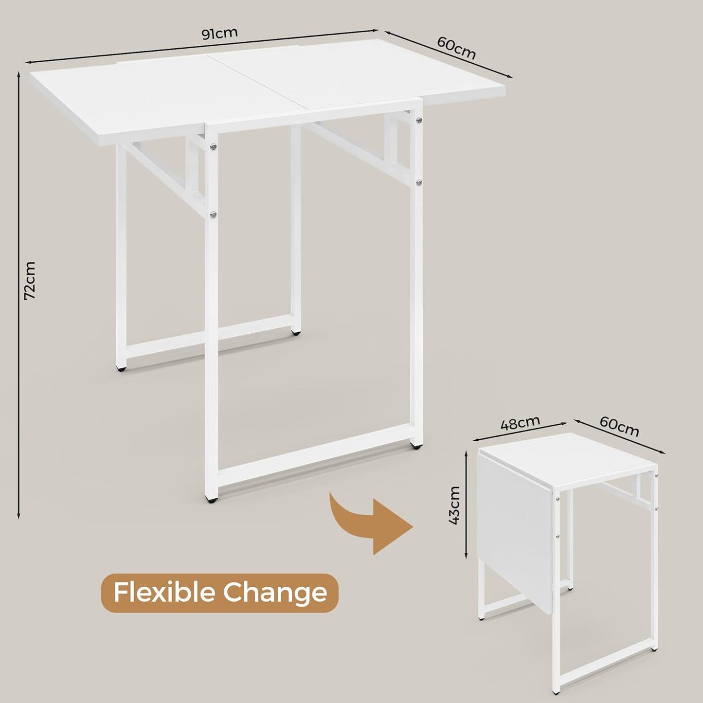 Advwin Drop Leaf Dining Table 91 * 60cm Foldable Table with Metal Frame Compact Desk for Apartment, Kitchen, Home, Office