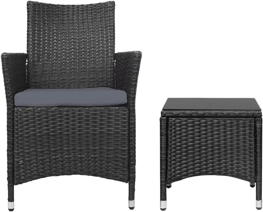 Gardeon 3pcs Wicker Patio Furniture, Bistro Set Table and Chairs Outdoor Lounge Setting Conversation Sets Dining Chair Garden Backyard, Cushion with Rattan Coffee Table Black Glass Tabletop