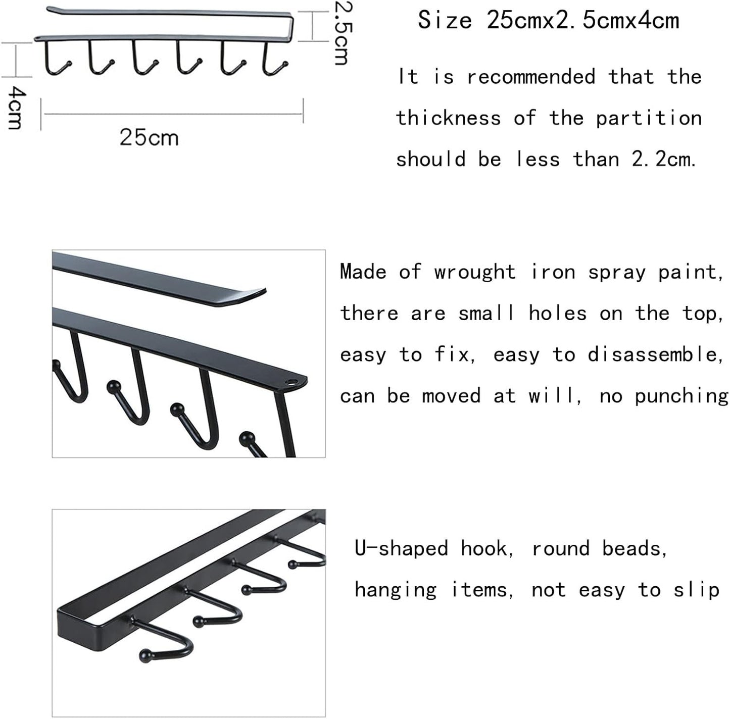 2 Pack Hanging Hooks Rack Cup Holder Under Cupboard Cabinet Coffee Mug Holder 6 Hooks Drilling Free Coffee Cups Holder Kitchen Utensil Storage Organizer Hook Rack