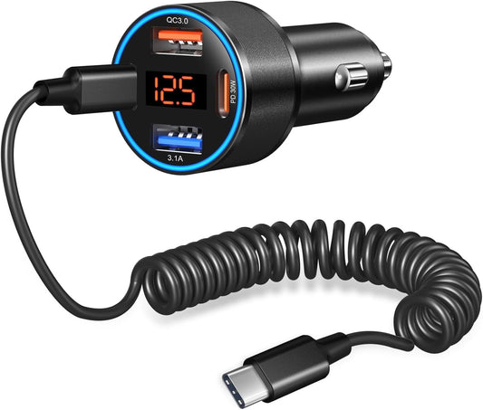 USB C Car Charger, Bangfun 4-Port 65W Super Fast Car Phone Charger Dual 12V USB-C & USB-A Cigarette Lighter Adapter with Voltage Display for iPhone 16e 15 Pro Max Plus+5ft Type C Car Charger Cable