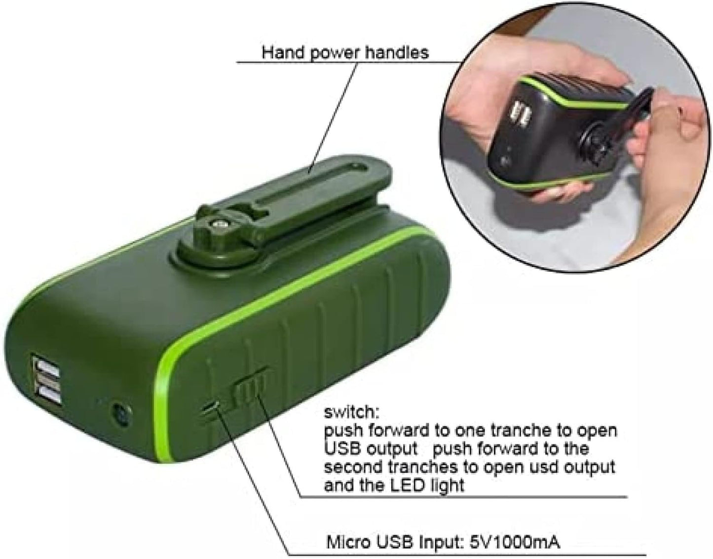 Outdoor Waterproof Solar Hand Crank Generator, 8000mAh Solar Power Bank, Portable Double USB Phone Charger, with LED Flashlight, Carabiner,Green,incomparable123