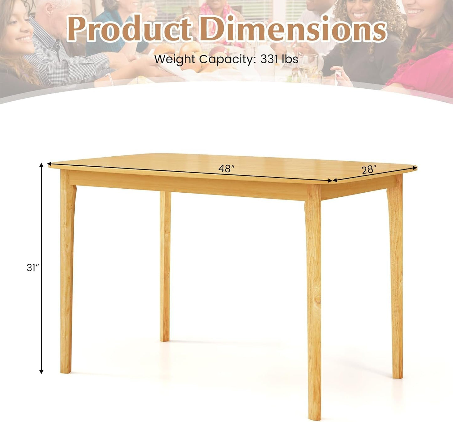 COSTWAY Dining Table, 48” Wooden Rectangular Kitchen Table with Solid Rubber Wood Legs, Spacious Tabletop, Modern Farmhouse Dinner Table for Kitchen, Dining Room, Restaurant