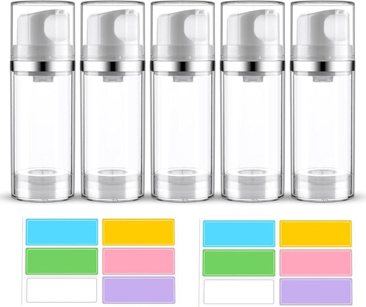 Decorniqu Airless Pump Jars 3.4oz/100ml 5 Pack Travel Pump Bottles for Lotion, Shampoo, Cream with Labels (Clear)
