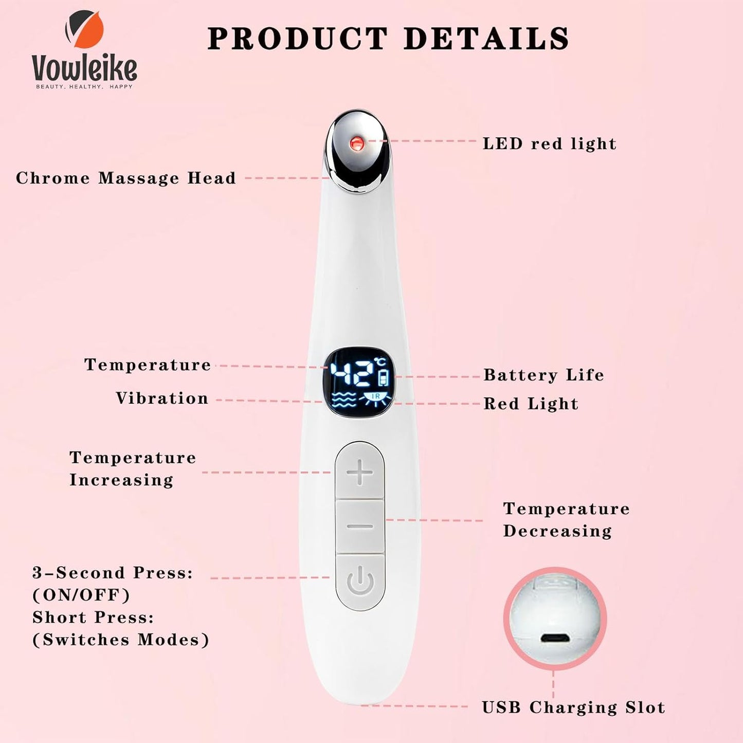 Vowleike Eye Lift Wand, 3 in 1 Vibrating Red Light 98°F to 113°F LCD Display Eye Massager for Dry Eyes, Dark Circles and Puffiness, Electrical Face, Neck Sculpting Pen for Fine Lines and Wrinkles