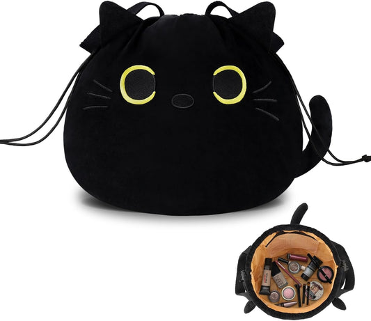 Funny Cat Drawstring Makeup Bag - Large Capacity Cute Travel Toiletry Tote Cosmetic Bag Pouch Organizer - Mothers Day Easter Birthday Christmas Unique Gag Gifts for Women Girls Cat Lovers-Black