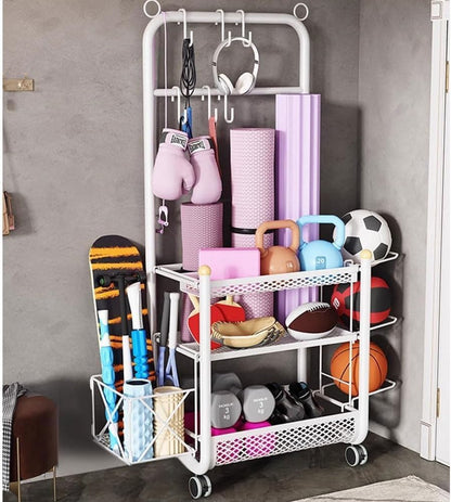 NOAEOU Home Gym 3-Tier Storage Shelf with Storage basket & Exercise Ball Rack, Weight Rack for Dumbbells Kettlebells and chute board, Yoga Mat Storage Rack with Sturdy and Lockable Casters
