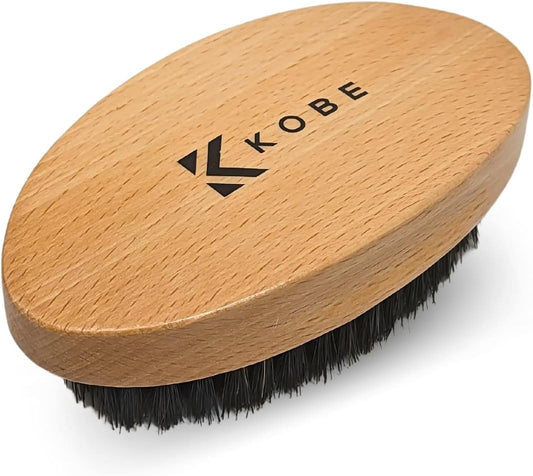 Kobe Palm Men's Military Style Boar Bristle Hair Brush/Beard Brush - Hand Sized Beard Brush for Men - Perfect for Beard Care - Works Well With Beard Oils (Beech)