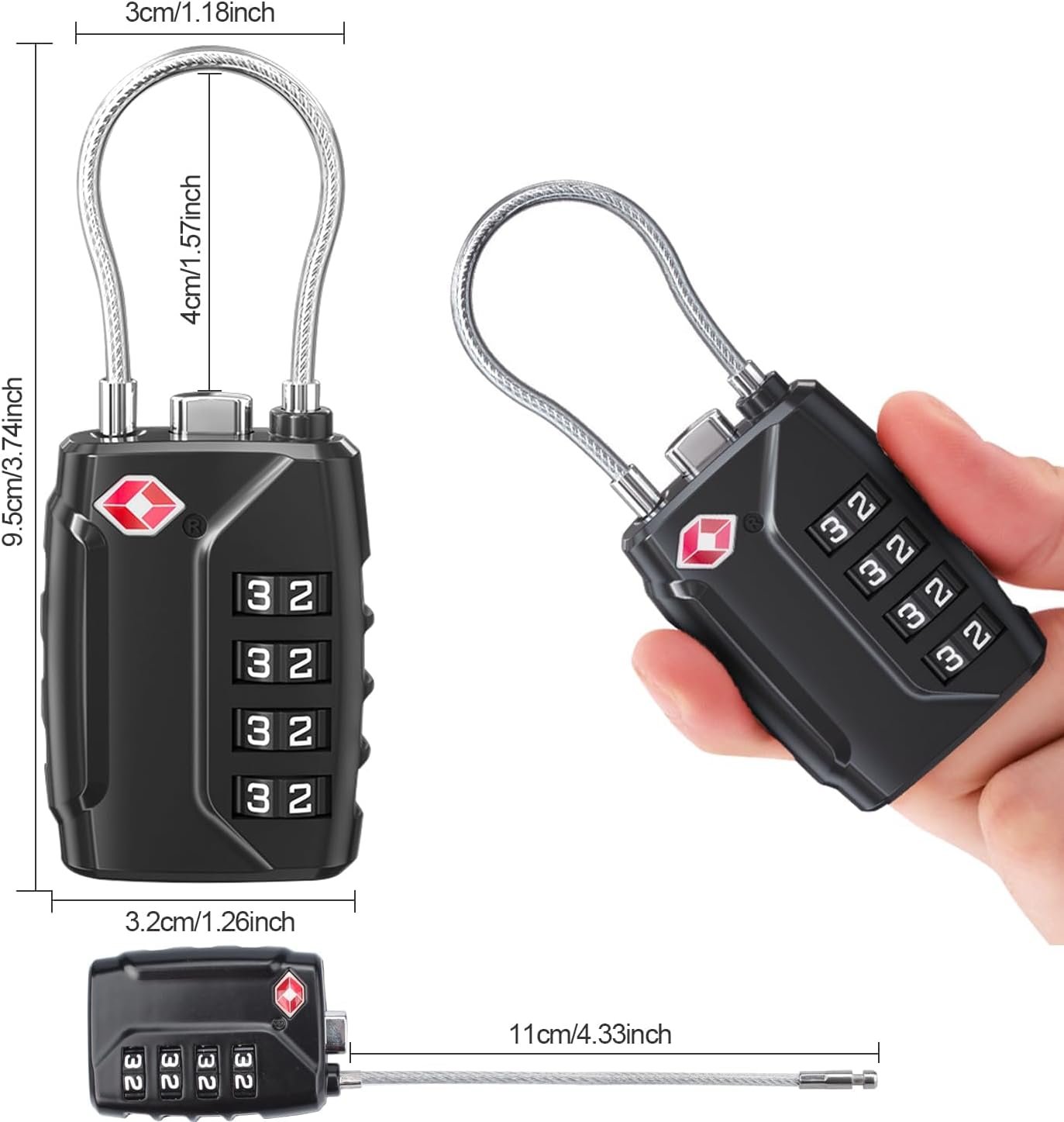 TSA Approved Luggage Locks,4-Digit Security Suitcase Locks,Combination Padlock for Suitcases Flexible Cable Travel Lock(Black+Black+Silver+Silver)