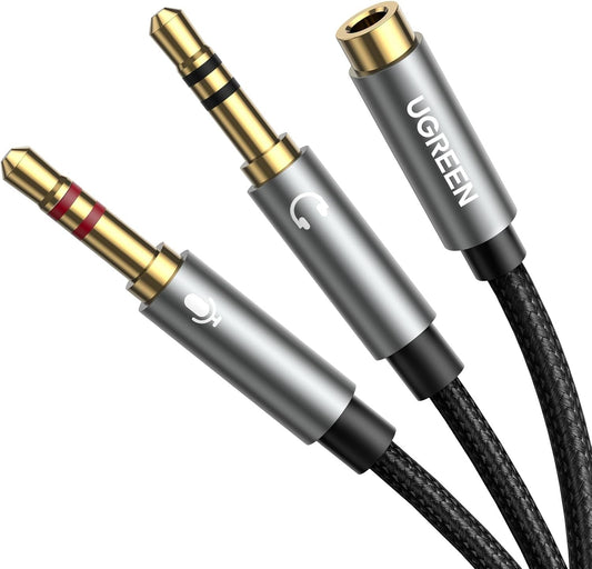 UGREEN Headphone Splitter for Computer Audio Mic Y Splitter 3.5mm Female to 2 Dual Male Adapter Mic Audio Stereo Jack Earphones Port Cord 8 Inch Compatible with PS4 Xbox Gaming Headset PC Laptop Black