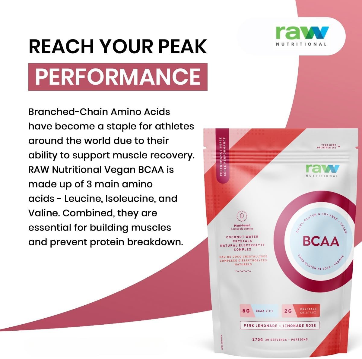Raw Nutritional Vegan BCAA Powder | 5g 2:1:1 Ratio Amino Acids BCAAs, 2g Coconut Water Crystals | Post Workout Muscle Recovery & Electrolyte Support | 30 Servings (Pink Lemonade)