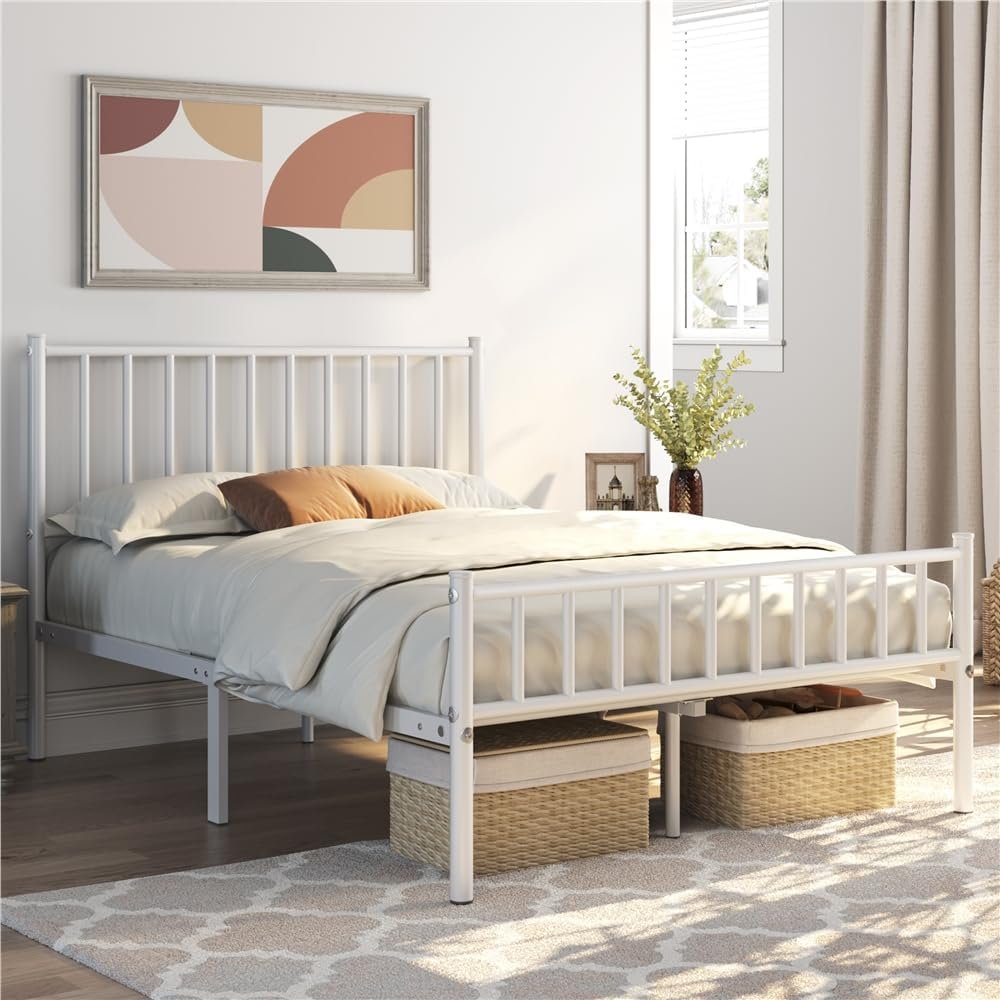 FullFurnique Metal Full Bed Frame, White Platform Bed Frame with Iron-Art Headboard and Footboard, Under Bed Storage, No Box Spring Needed, Steel Slat Support