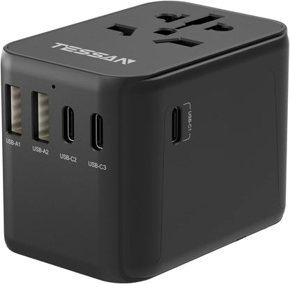 Universal Travel Adapter, TESSAN Universal Travel Socket with 2 USB A and 3 USB C, International Plug Adapter for Italy UK USA Japanese Australia, Black