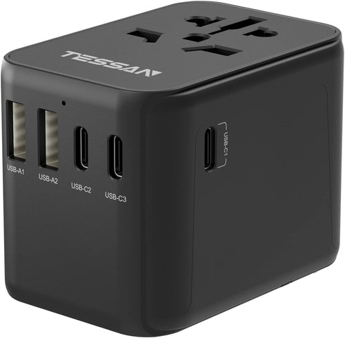 Universal Travel Adapter, TESSAN Universal Travel Socket with 2 USB A and 3 USB C, International Plug Adapter for Italy UK USA Japanese Australia, Black