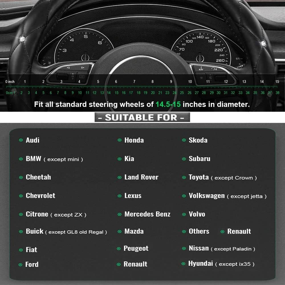 Xizopucy Diamond Leather Bling Steering Wheel Cover, Universal Car Steering Wheel Protector with Crystal Rhinestones Anti-Slip Soft Interior Accessories for Women and Girl Fit 15 inch -Black