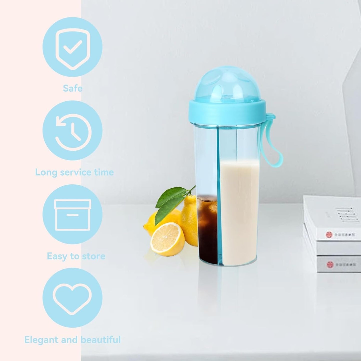 Creative Water Cup, 600ml 2 Drinks in 1 Cup Two Straws Dual Use Couple Water Bottle Travel Dual Use Drinking Bottle Straw Cup for Sport, Camping, Home, Outdoor