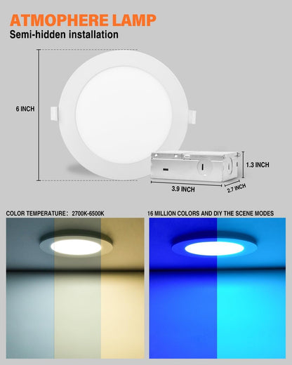 6Pack Smart led RGB Recessed Lighting 6Inch,Color Changing Canless LED Downlight with Remote Control,2700K-6500K,2.4GHz Wi-Fi Bluetooth 12W 1200lm,Work with Tuya App,Alexa & Google Assistant