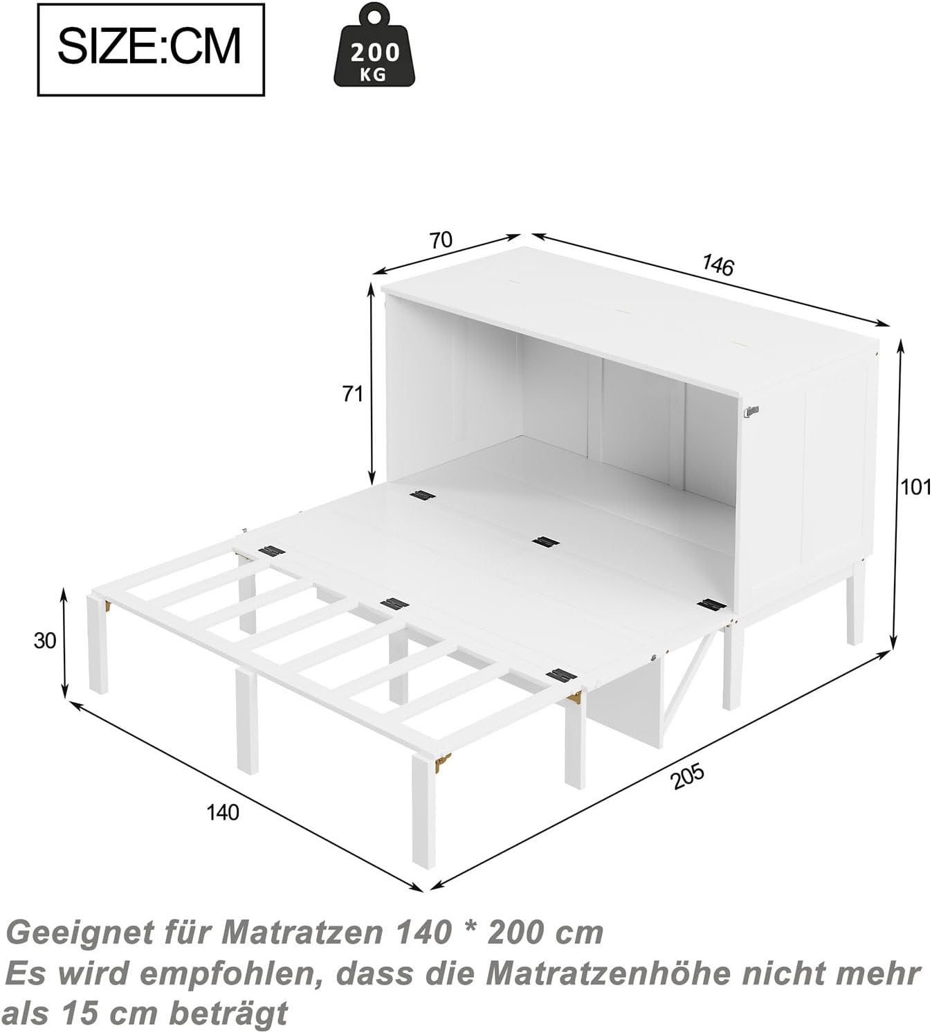 Billg Folding Double Bed 140 x 200 cm, Multifunctional Wall Bed 2 in 1, Modern Wardrobe Bed, Fold-Out Bed with Shelves and Slatted Base, Load 180 kg, Without Mattress