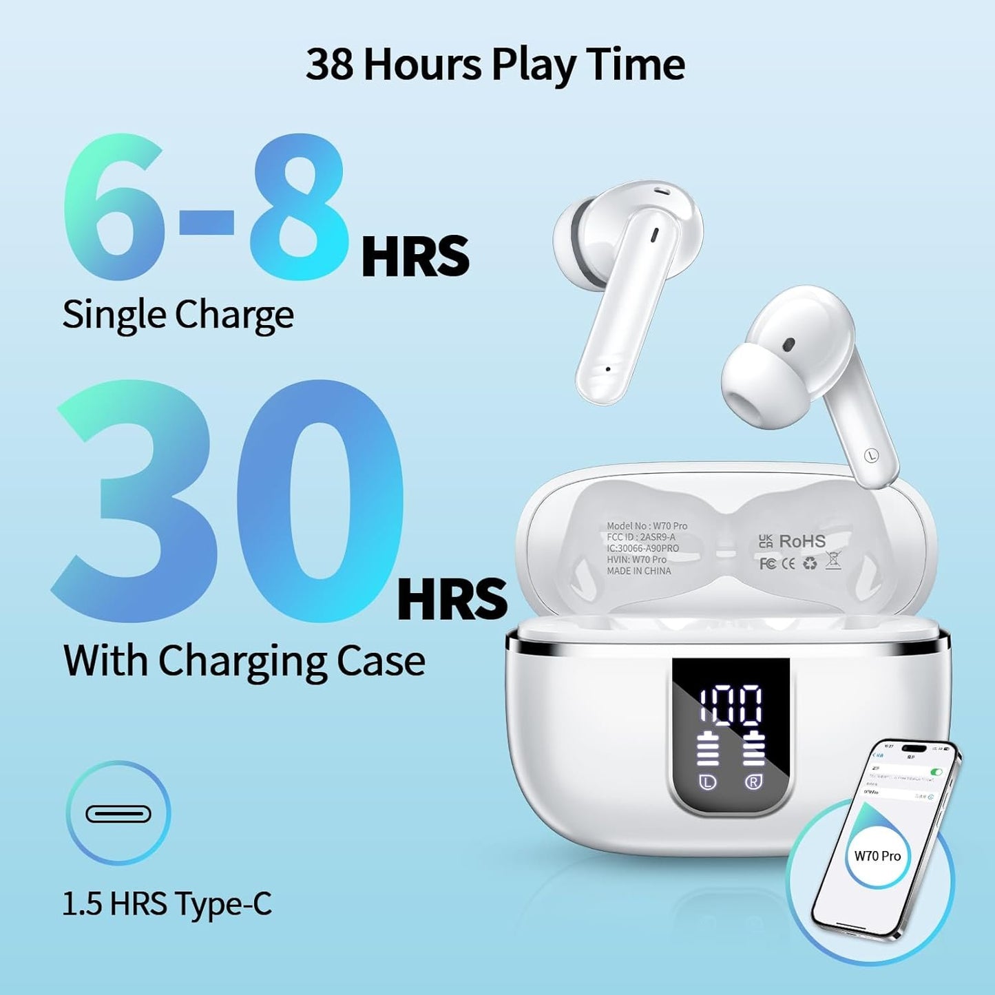 Wireless Earbuds, Bluetooth Headphones 5.4 HiFi Stereo with 4 ENC Noise Cancelling Mic, 38H in Ear Earphones with LED Digital Display, Touch Control, IPX7 Waterproof Ear Buds for Sports Workout, White