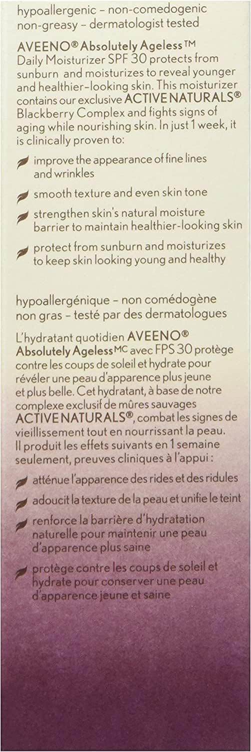 Aveeno Absolutely Ageless Daily Moisturizer SPF 30, Anti Aging, Face, Winkle Cream, Antioxidant Blackberry Complex; Vitamin C & E,Bottle, Pack of 1, 50 mL
