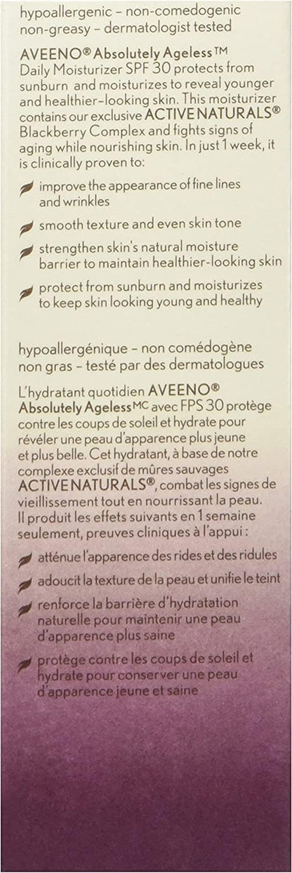 Aveeno Absolutely Ageless Daily Moisturizer SPF 30, Anti Aging, Face, Winkle Cream, Antioxidant Blackberry Complex; Vitamin C & E,Bottle, Pack of 1, 50 mL