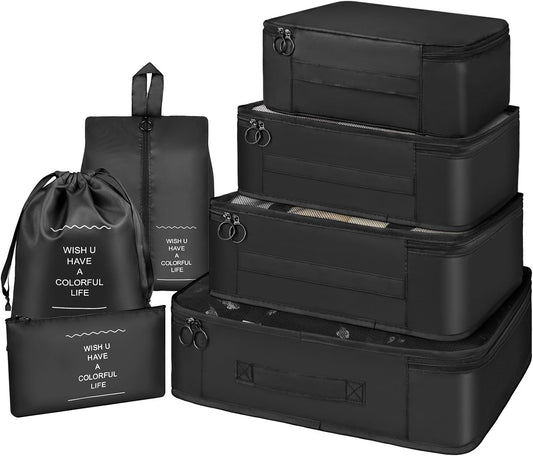 Besttravel 7-Piece Travel Organizer Backpack Travel Essentials Travel Organizer Waterproof Packing Cube Black