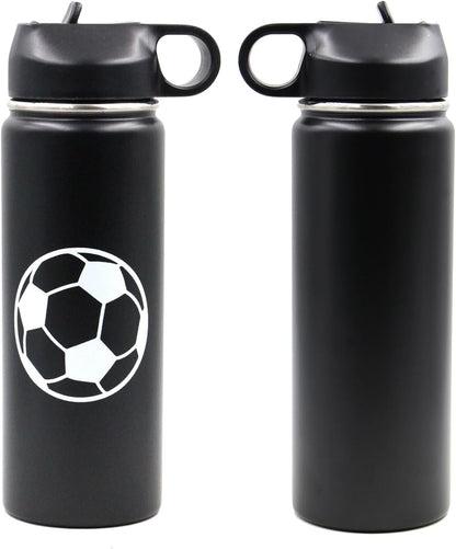 18 oz Soccer Water Bottle, Thermo Cup Sports Flask with 2 Lids, BPA-Free 18/8 Stainless Steel Leak Proof Travel Tumbler Double Wall Vacuum Insulated Water Bottles, Soccer Stuff Gifts for Boys Girls