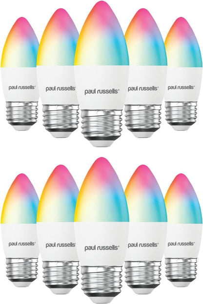 Paul Russells Smart LED Candle Bulb, 4.8W E27 Edison Screw, 450lm, Compatible with Alexa and Google Home Light Bulbs, 40W Energy Saving, No Hub Require, RGBCW 2700K-6500K,Wi-Fi 2.4GHz Only, 10 Packs