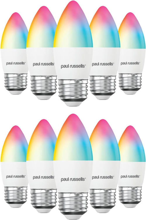 Paul Russells Smart LED Candle Bulb, 4.8W E27 Edison Screw, 450lm, Compatible with Alexa and Google Home Light Bulbs, 40W Energy Saving, No Hub Require, RGBCW 2700K-6500K,Wi-Fi 2.4GHz Only, 10 Packs