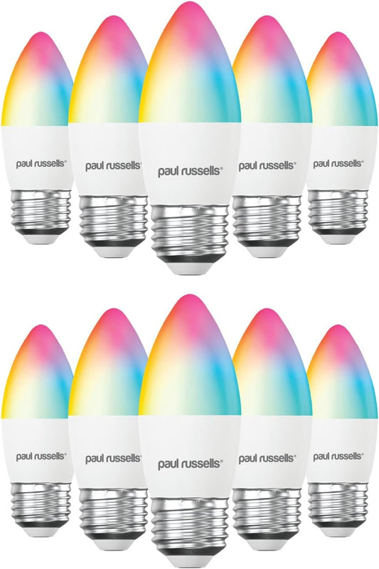 Paul Russells Smart LED Candle Bulb, 4.8W E27 Edison Screw, 450lm, Compatible with Alexa and Google Home Light Bulbs, 40W Energy Saving, No Hub Require, RGBCW 2700K-6500K,Wi-Fi 2.4GHz Only, 10 Packs