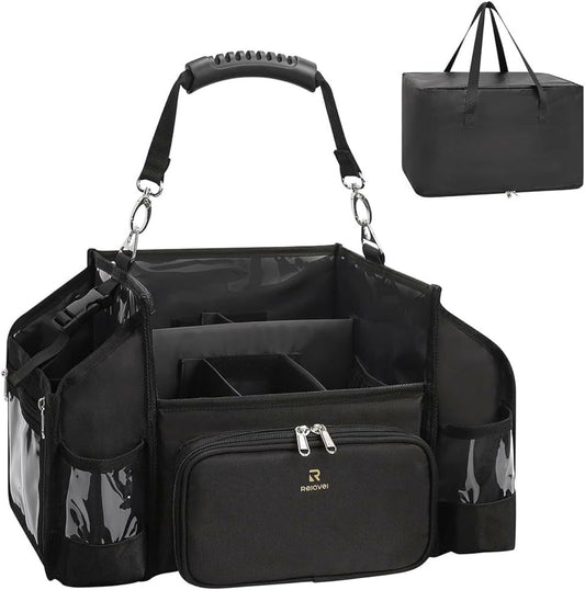 Portable Makeup Artist Makeup Bag with Compartments PVC Coating Easy Clean 46cm Black Professional, Black, Professional