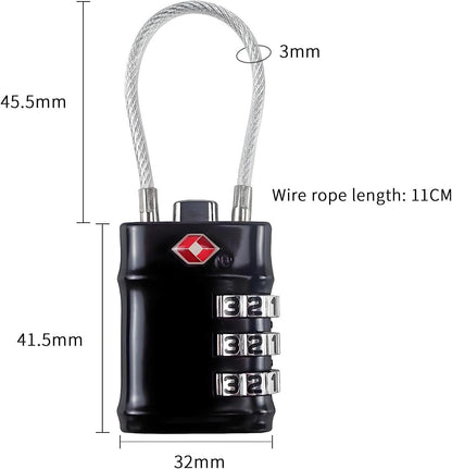 QUMOX TSA Approved Cable Luggage Locks, 3 Digit Combination Padlocks, Travel Lock for Suitcases Bag, Alloy Body, Travel Accessories (Black 4 Pack)