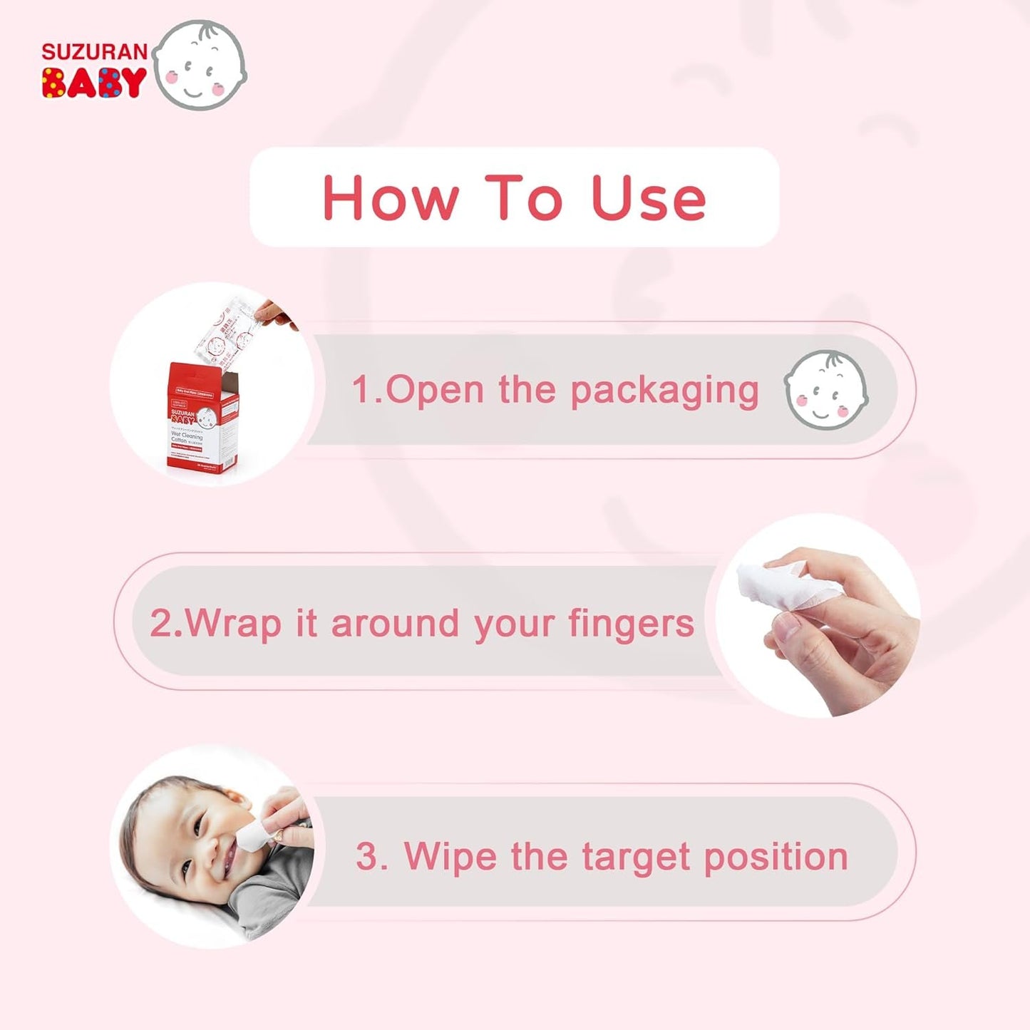 Suzuran Baby Mouth Wipes Cotton Pure Water, Finger Toothbrush Unscented Sensitive, Lint Free, Baby Oral Care for Gums, Teeth and Tongue Cleaning, Individually Wrapped 30 Packs