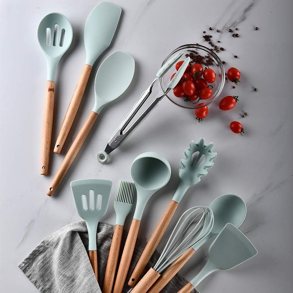 Kitchen Utensils Set for Cooking : 13 Pieces Silicone Wood Handle Kitchen Spatula Set - Heat Resistant Kitchen Gadgets Tools for Non-Stick Cookware(Green)
