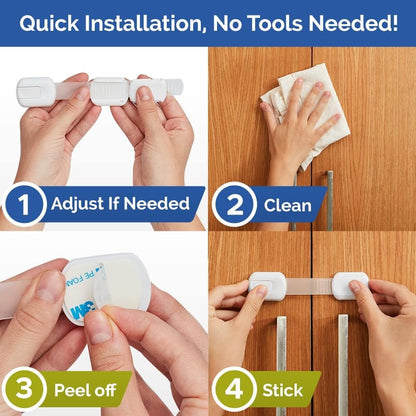 Child Safety Locks -VALUE PACK (10 Straps)- No Tools or Drilling -Adjustable Size/Flexible -Adhesive Furniture Latches For Cabinets, Drawers, Appliances, Toilet Seat, Fridge, Oven & More (White/White)