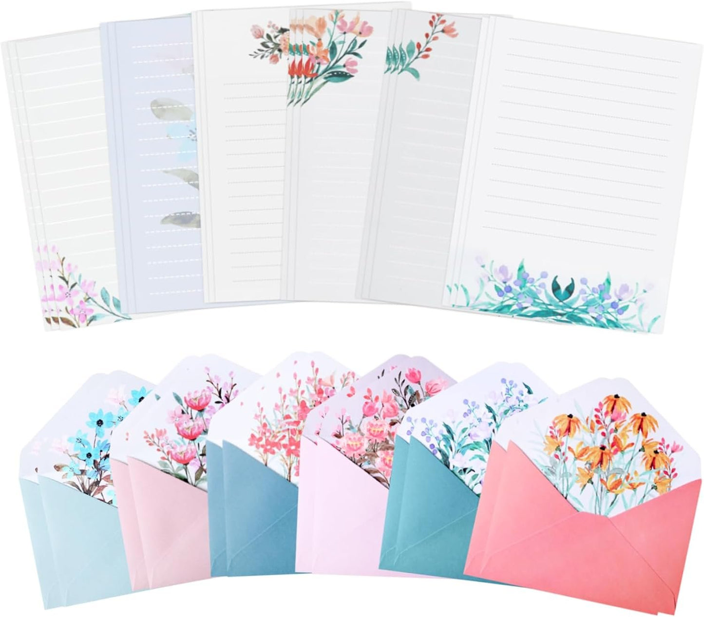 SKTMH 72 Pcs Stationery Paper and Envelopes Set: 48 Flower Writing Paper with 24 Envelopes - A5 Lined Letter Paper - Floral Stationery Paper for Wedding Invitations