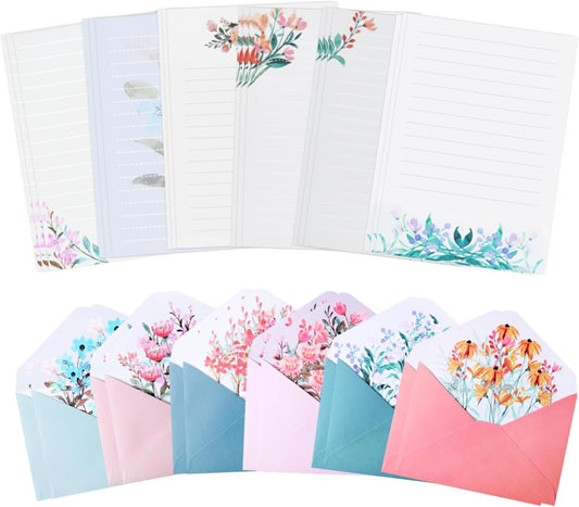 SKTMH 72 Pcs Stationery Paper and Envelopes Set: 48 Flower Writing Paper with 24 Envelopes - A5 Lined Letter Paper - Floral Stationery Paper for Wedding Invitations